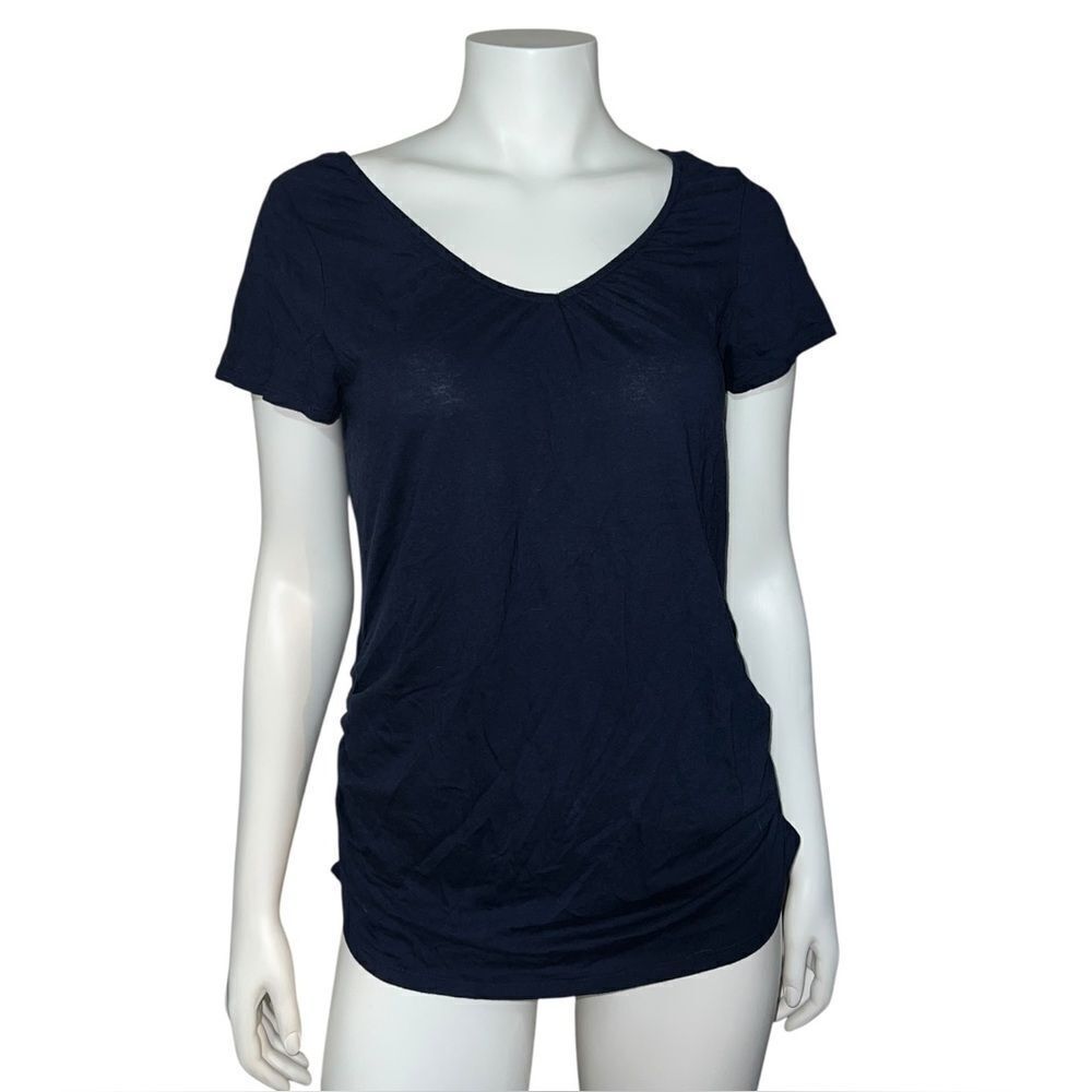 Motherhood Maternity Navy Blue Nursing Shirt Short Sleeves Ruched Large NWT